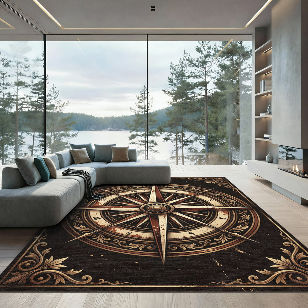 Antique Gold Compass Nautical Mural Rug
