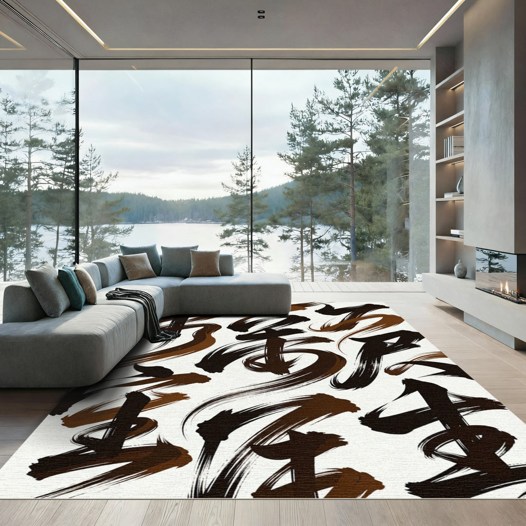 Abstract Coffee Brown Calligraphy Ink Swirl Rug