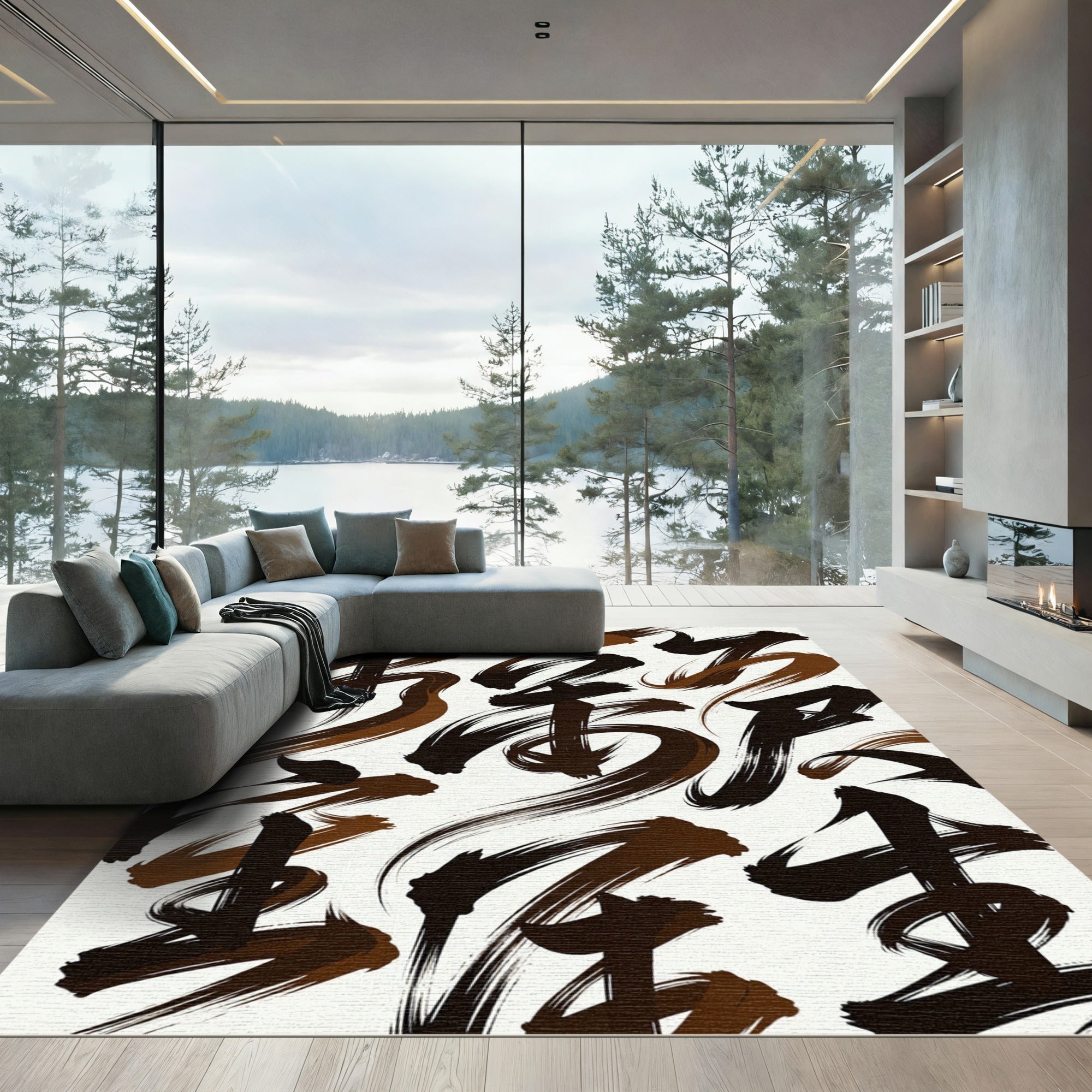 Abstract Coffee Brown Calligraphy Ink Swirl Rug