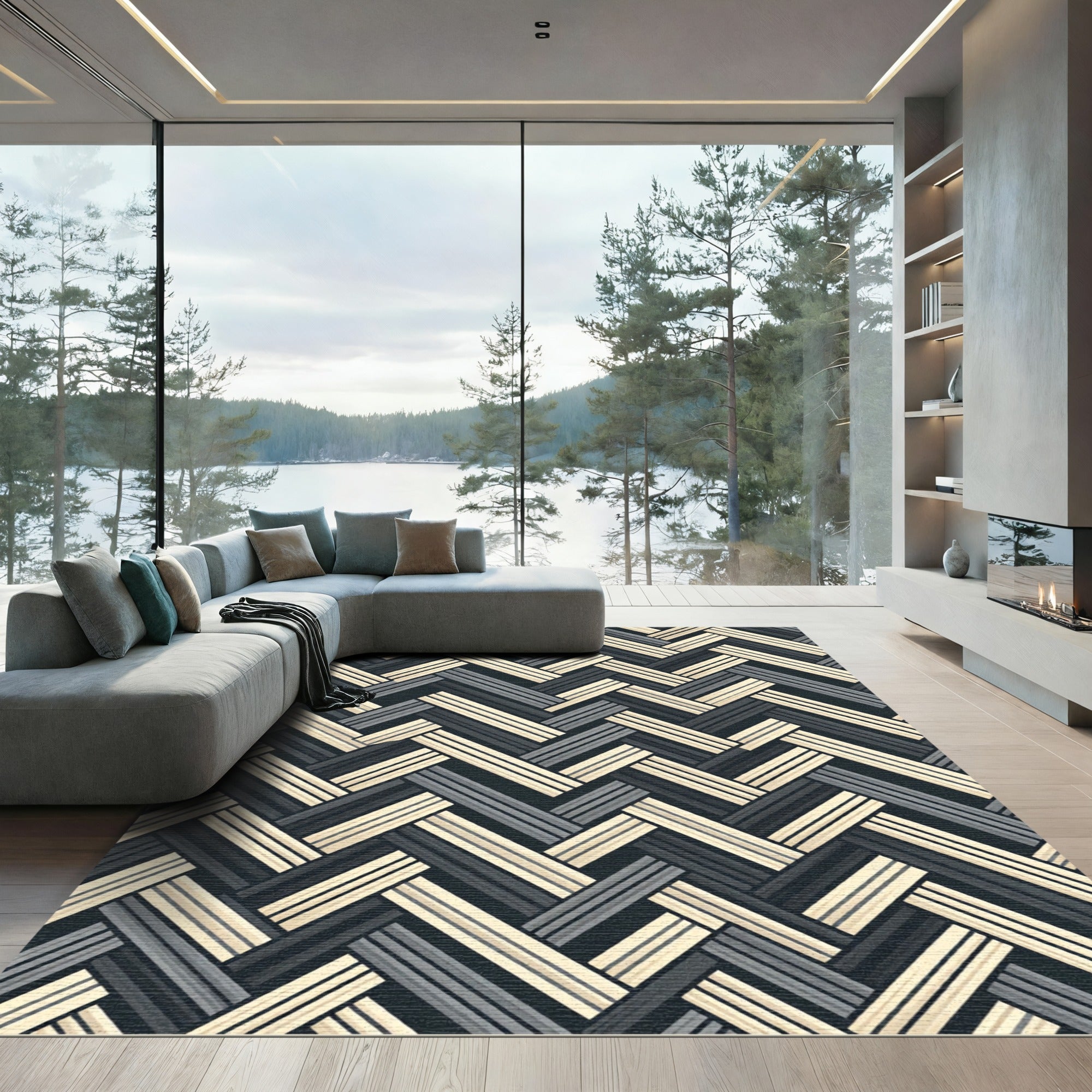 Monochrome Herringbone Weave Geometric Rug