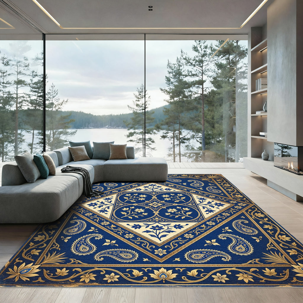 Royal Blue Paisley Floral Medallion Rug