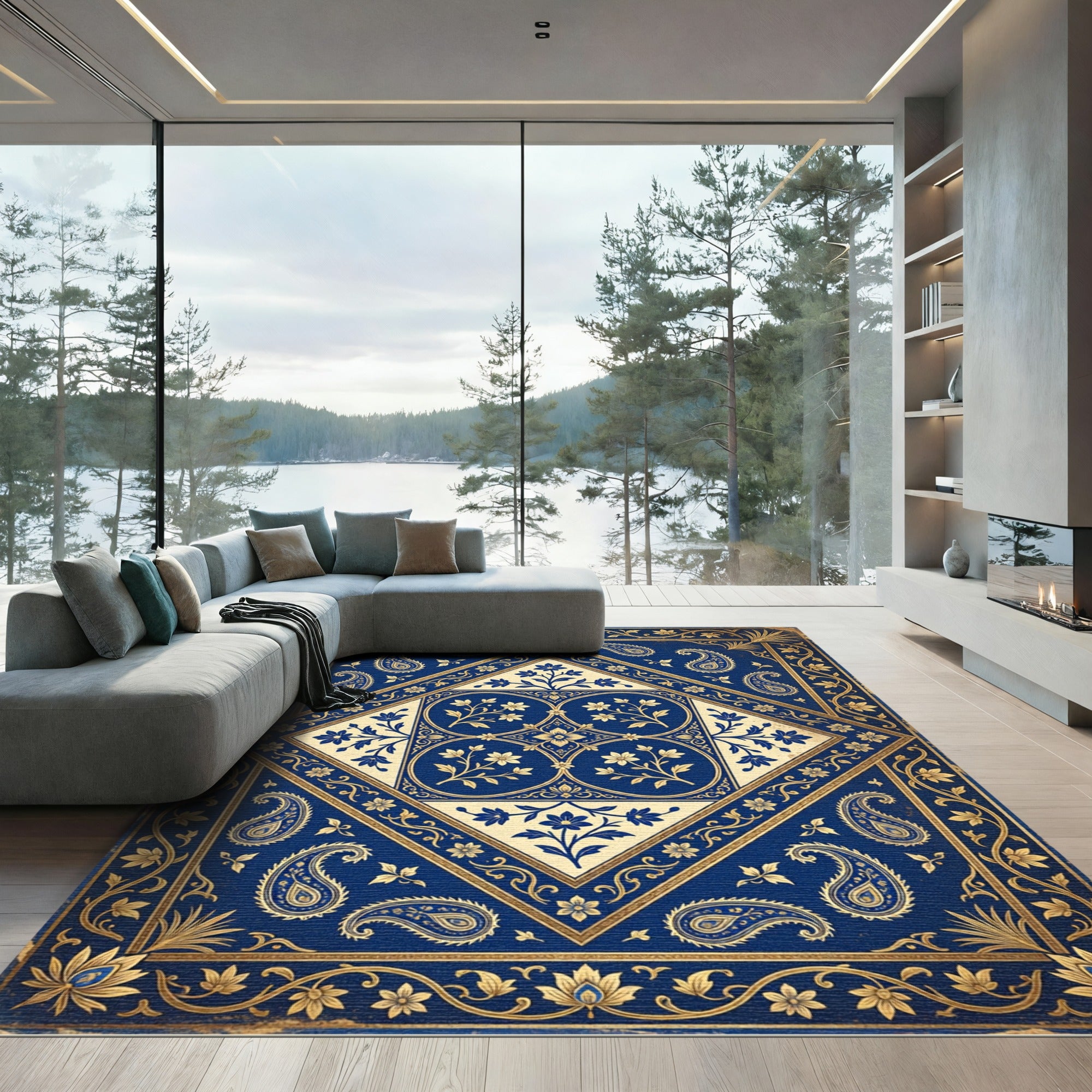 Royal Blue Paisley Floral Medallion Rug