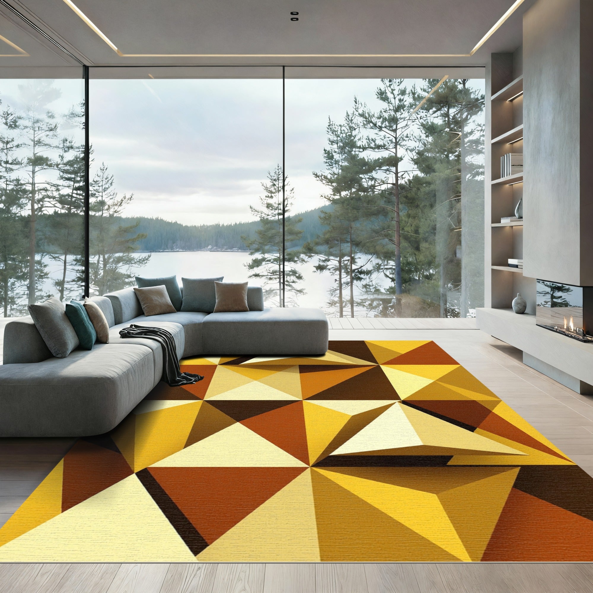 Geometric Golden Amber Triangles Rug