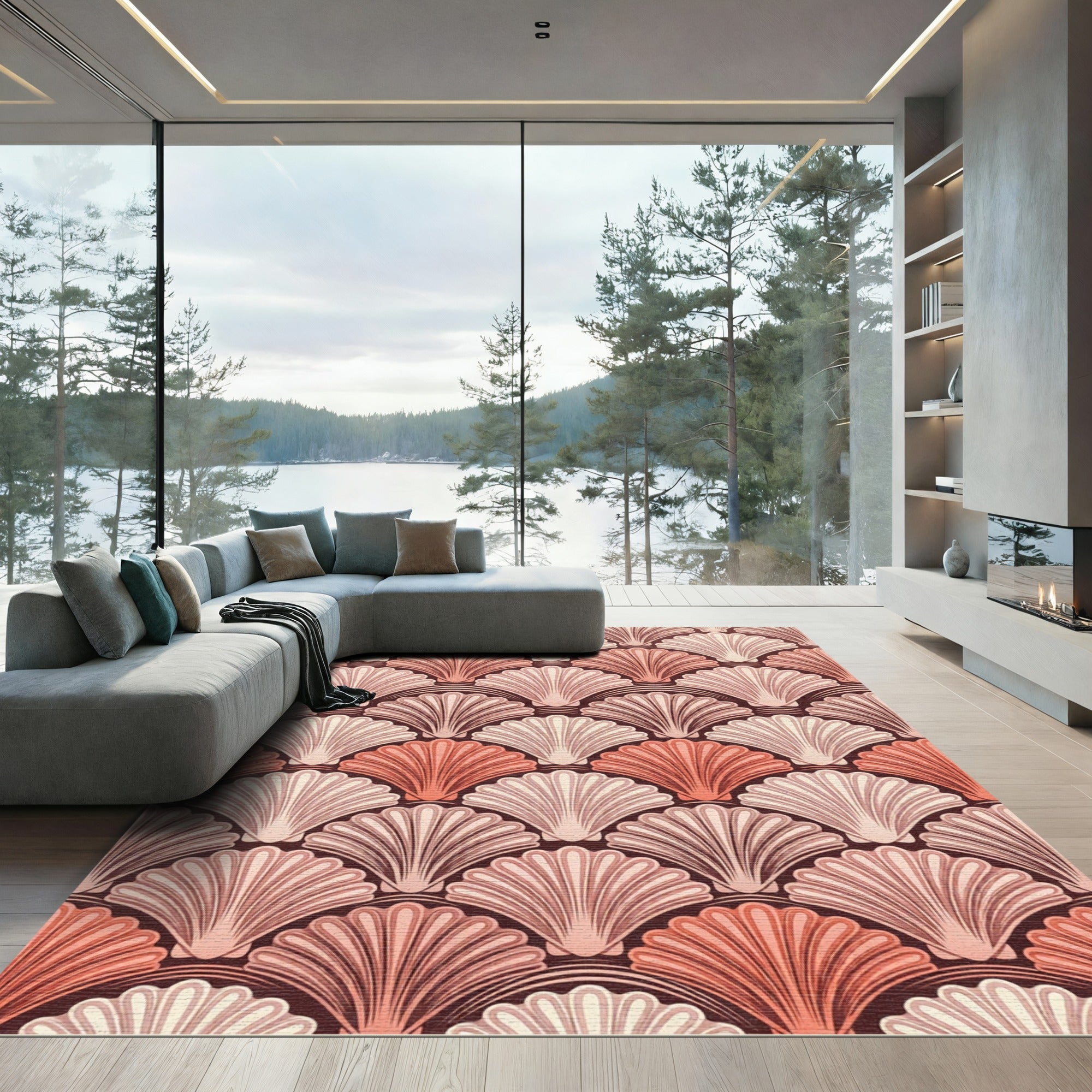 Coral Pink Art Deco Fan Rug