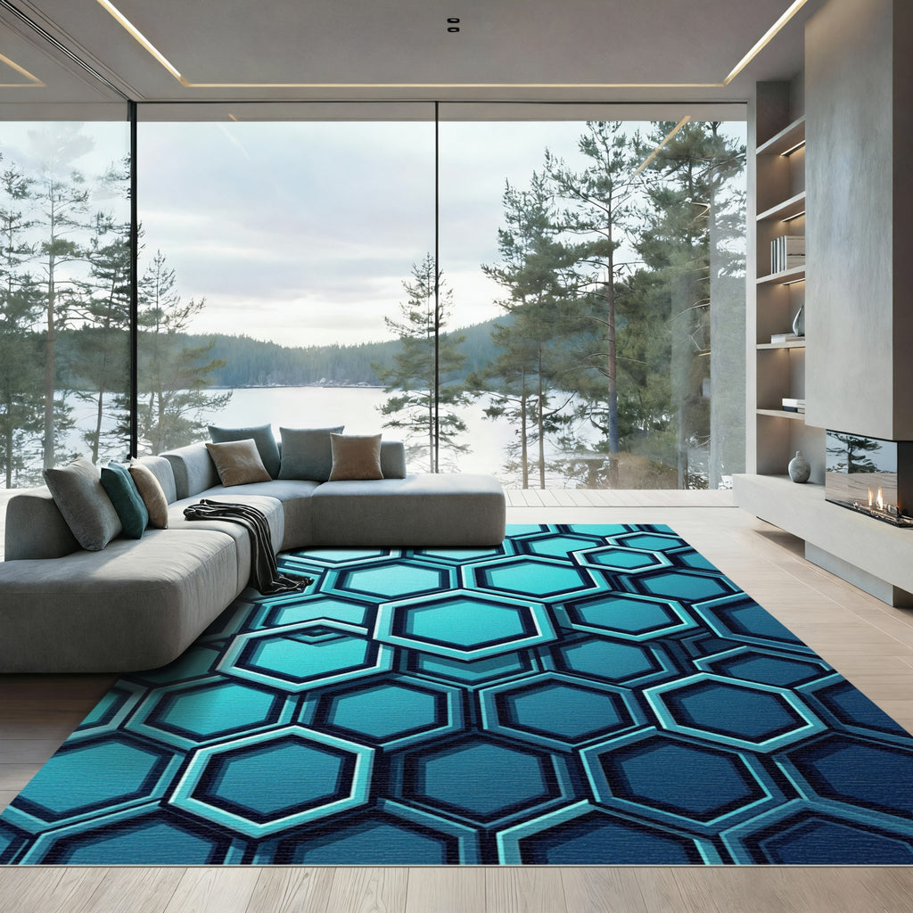 Modern Teal Geometric Hexagon Layers Rug