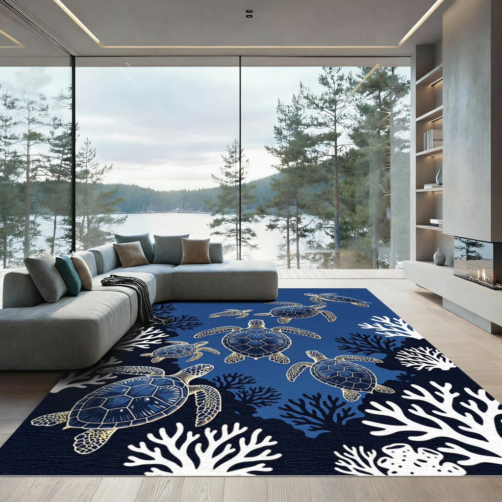 Navy Sea Turtle Coral Reef Illustration Rug