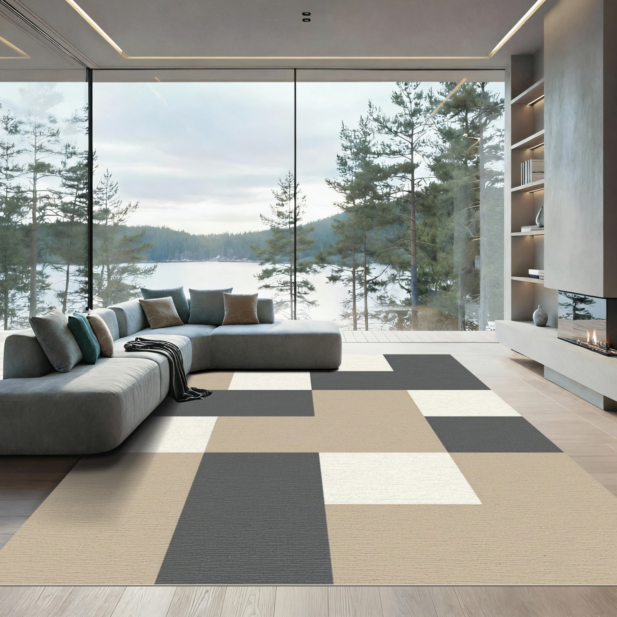 Neutral Tones Checkerboard Blocks Rug