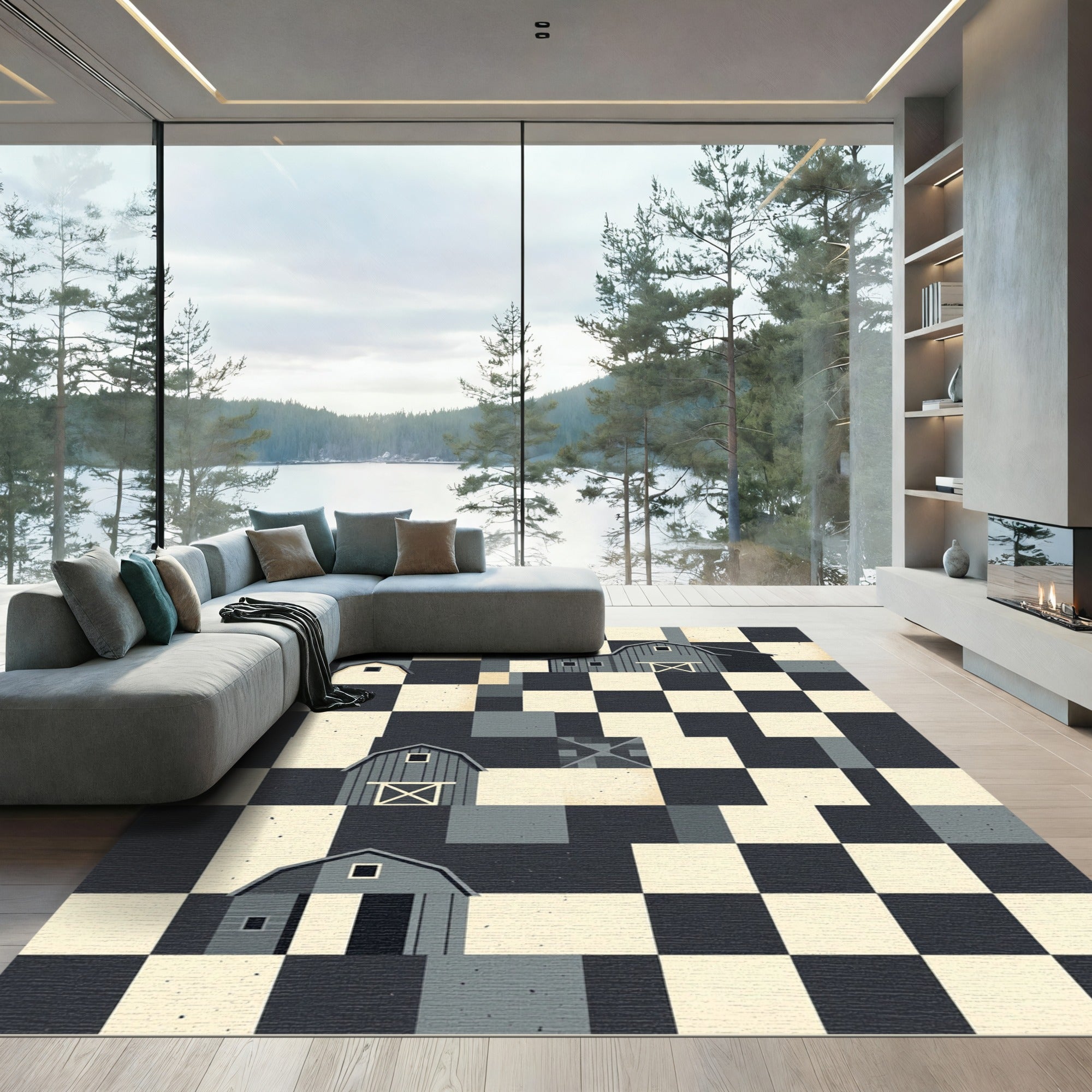 Gray Barns Checkerboard Farm Scene Rug