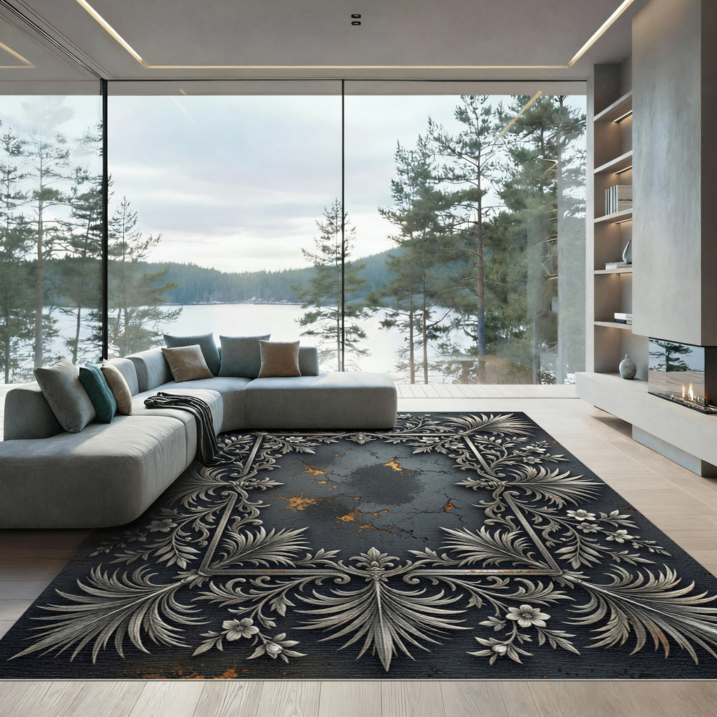 Ornate Silver Floral Monochromatic Damask Filigree Rug