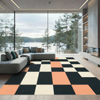 Modern Geometric Peach and Charcoal Grid Rug