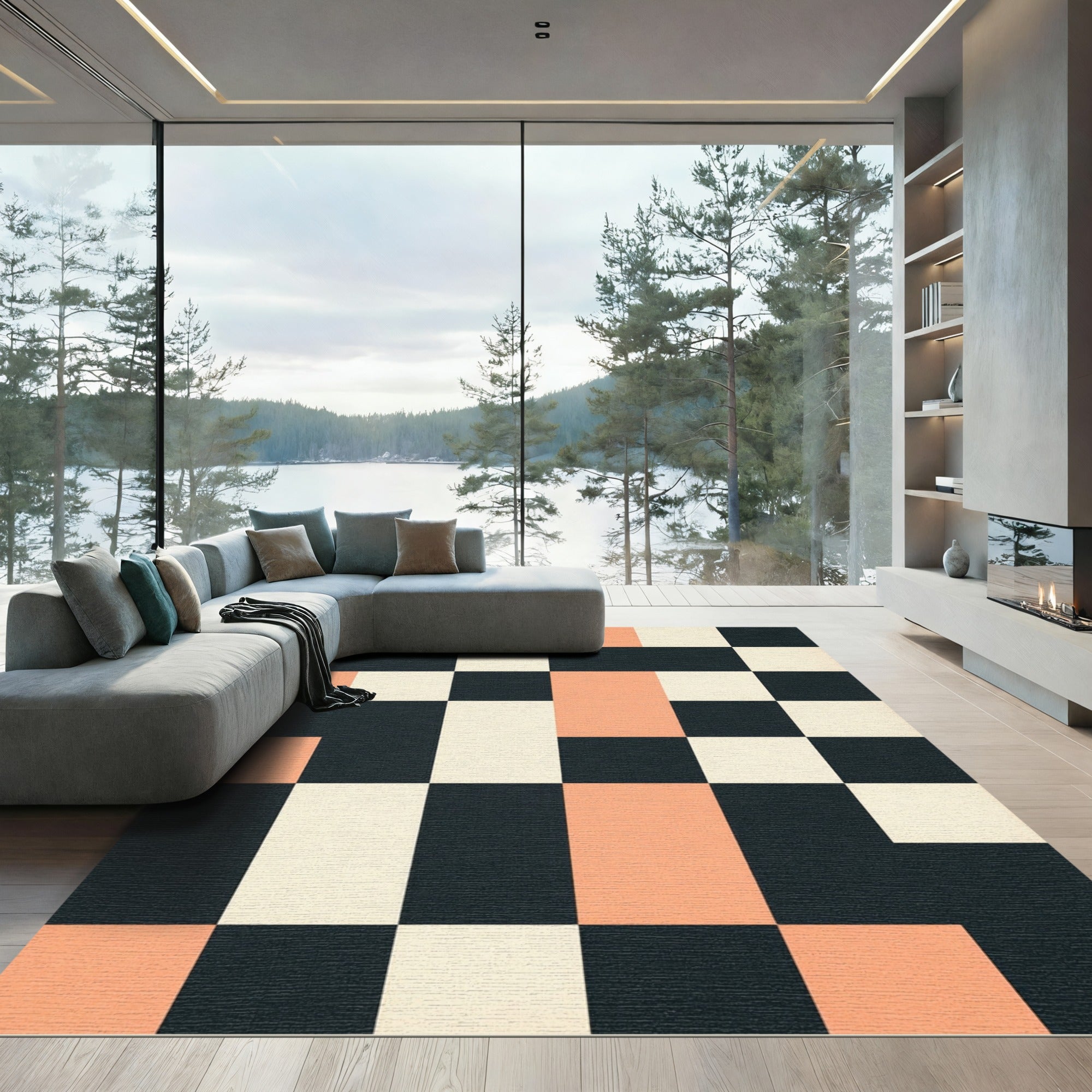 Modern Geometric Peach and Charcoal Grid Rug
