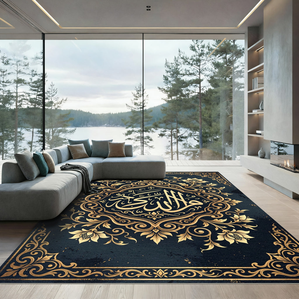 Elegant Golden Arabic Floral Medallion Rug