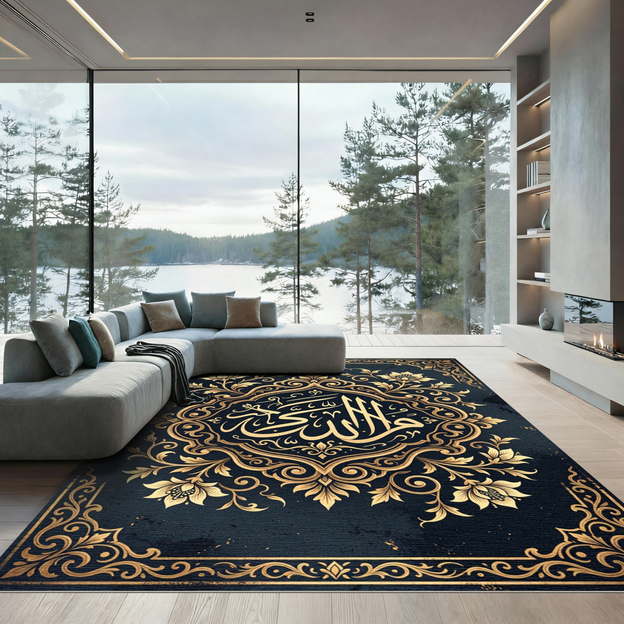 Elegant Golden Arabic Floral Medallion Rug