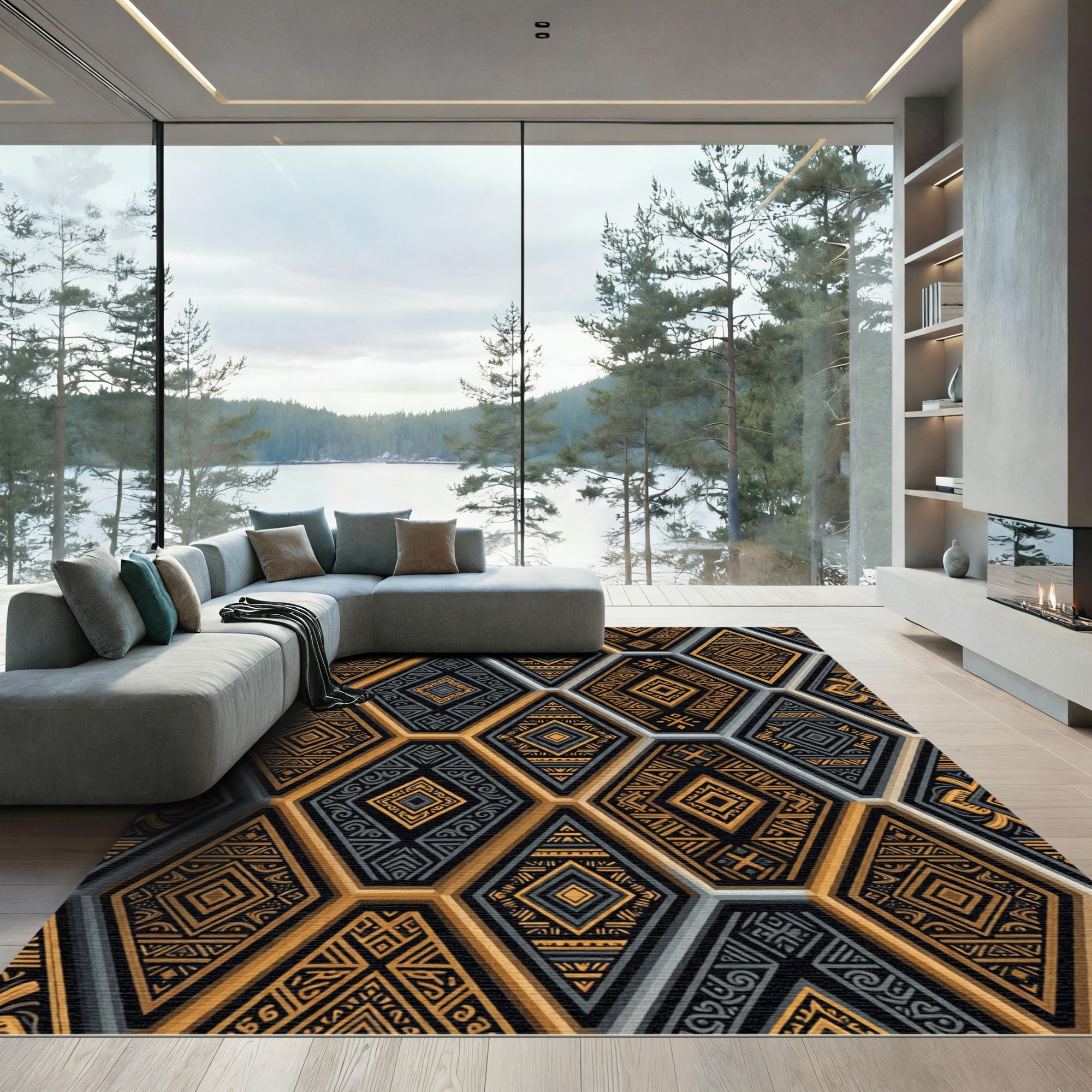 Gold Gray Tribal Hexagon Arrangement Rug