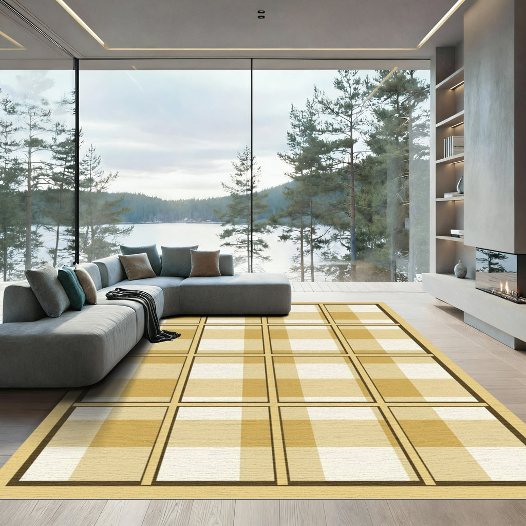 Modern Golden Plaid Grid Checkered Rug
