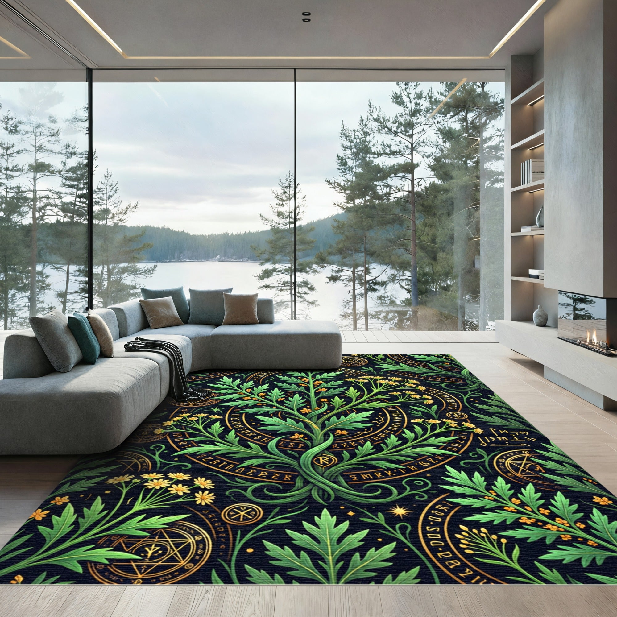 Mystical Alchemy Golden Herb Botanical Art Rug