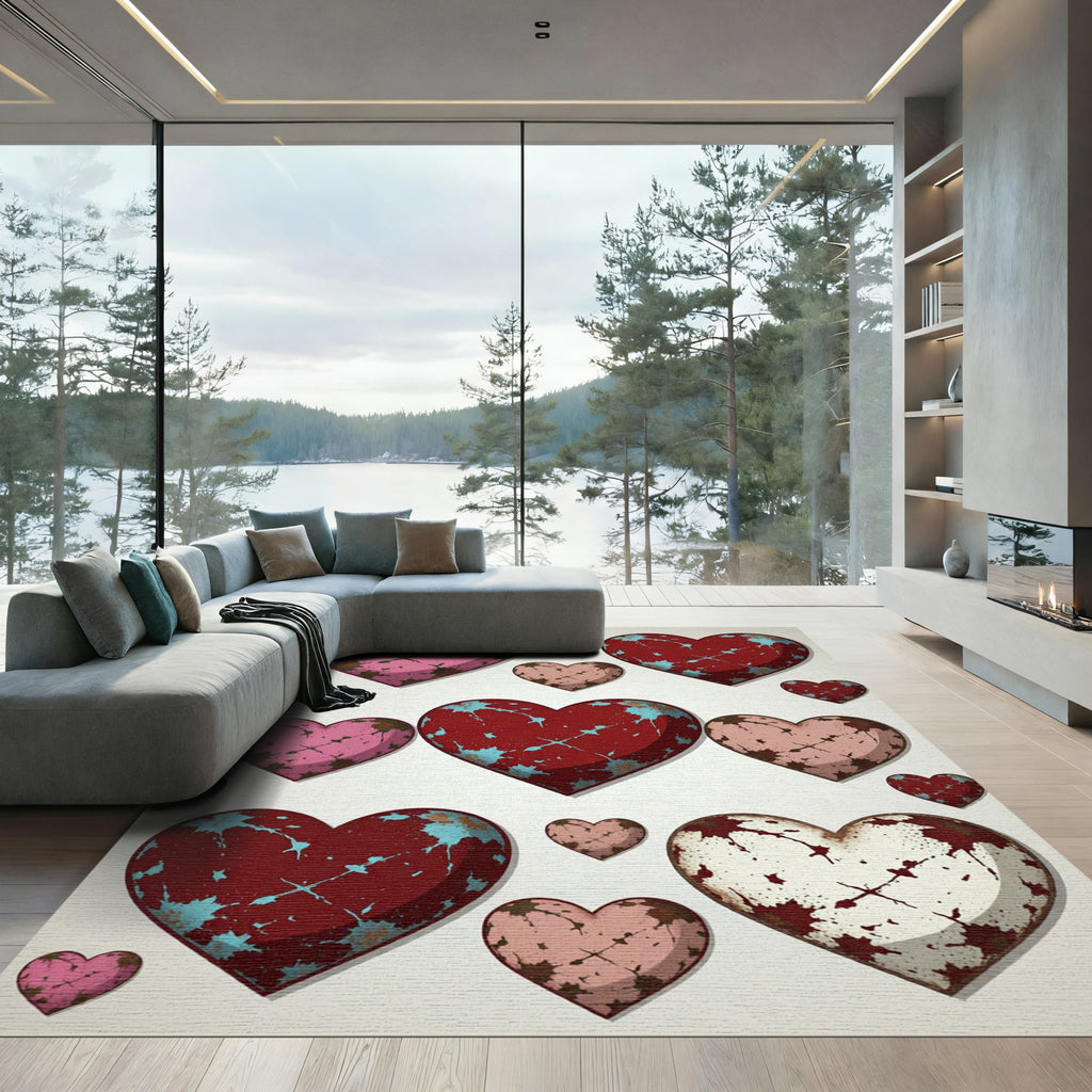 Distressed Multicolored Hearts Scattered Art Rug