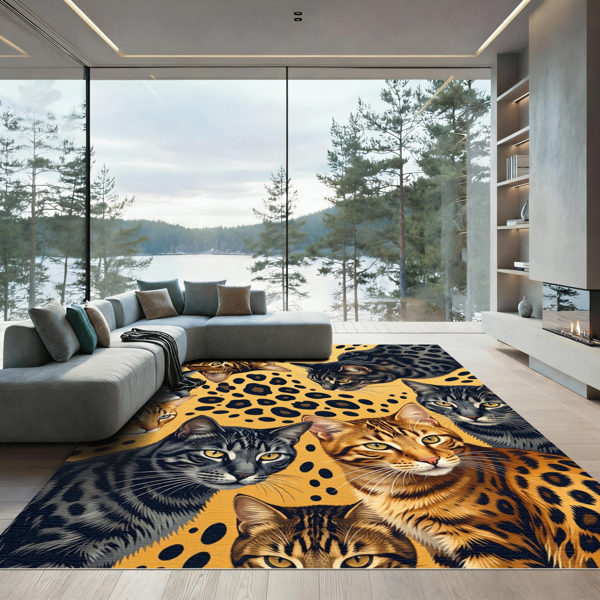 Vibrant Golden Leopard Spotted Cat Ensemble Rug