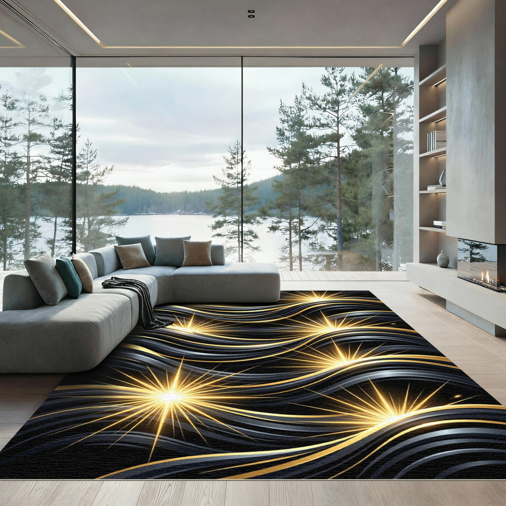 Luminous Gold Radiant Wave Ink Art Rug