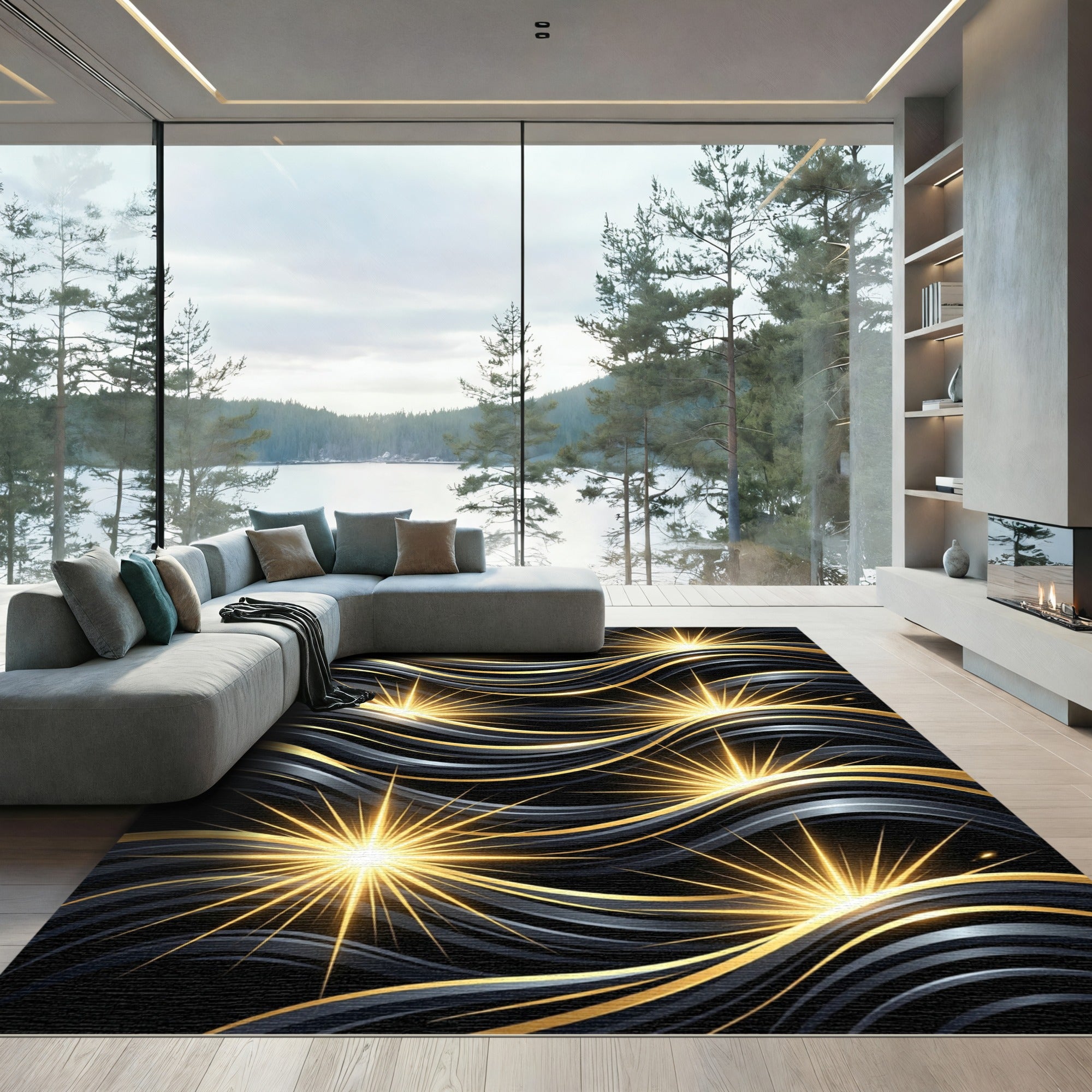 Luminous Gold Radiant Wave Ink Art Rug