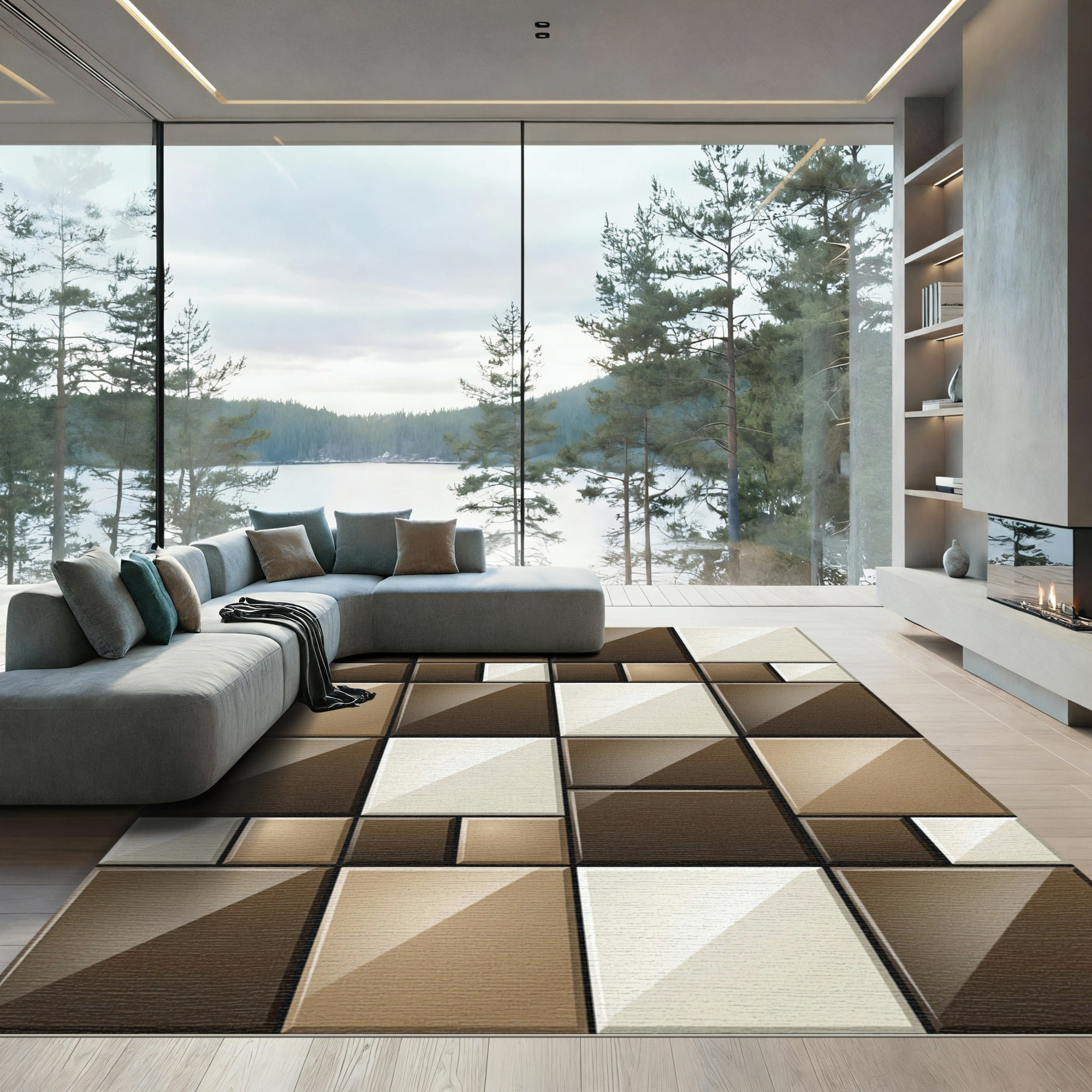 Ombre Brown Cream Geometric Squares Rug