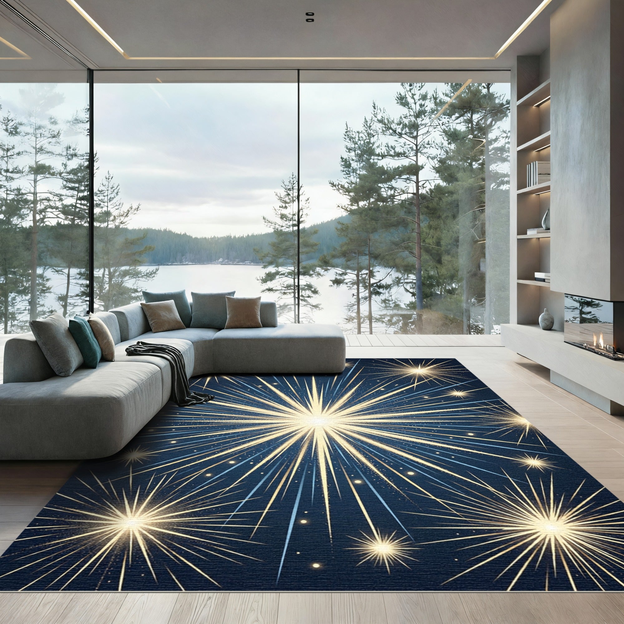 Radiant Golden Starburst Midnight Blue Rug