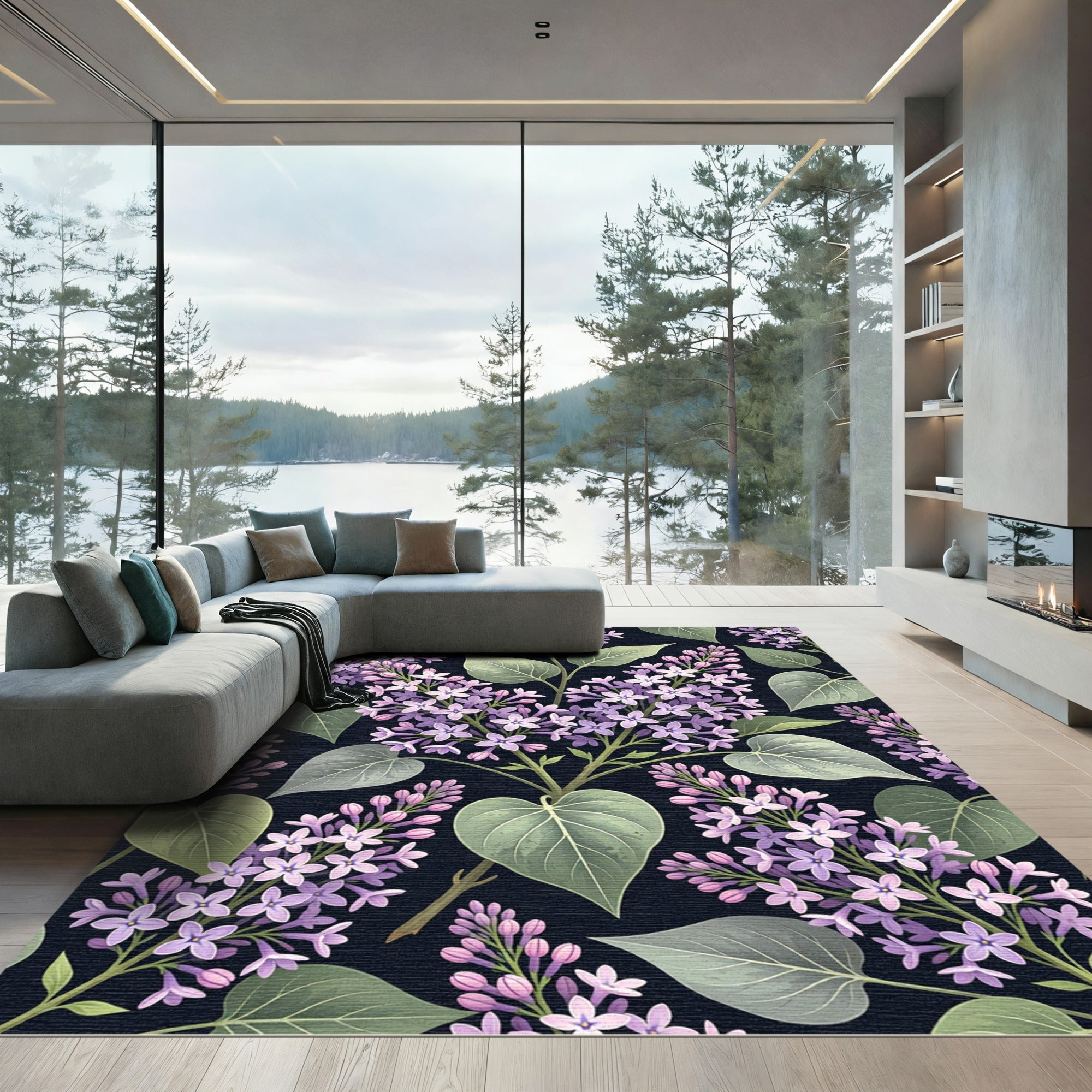 Elegant Purple Lilac Floral Navy Garden Rug