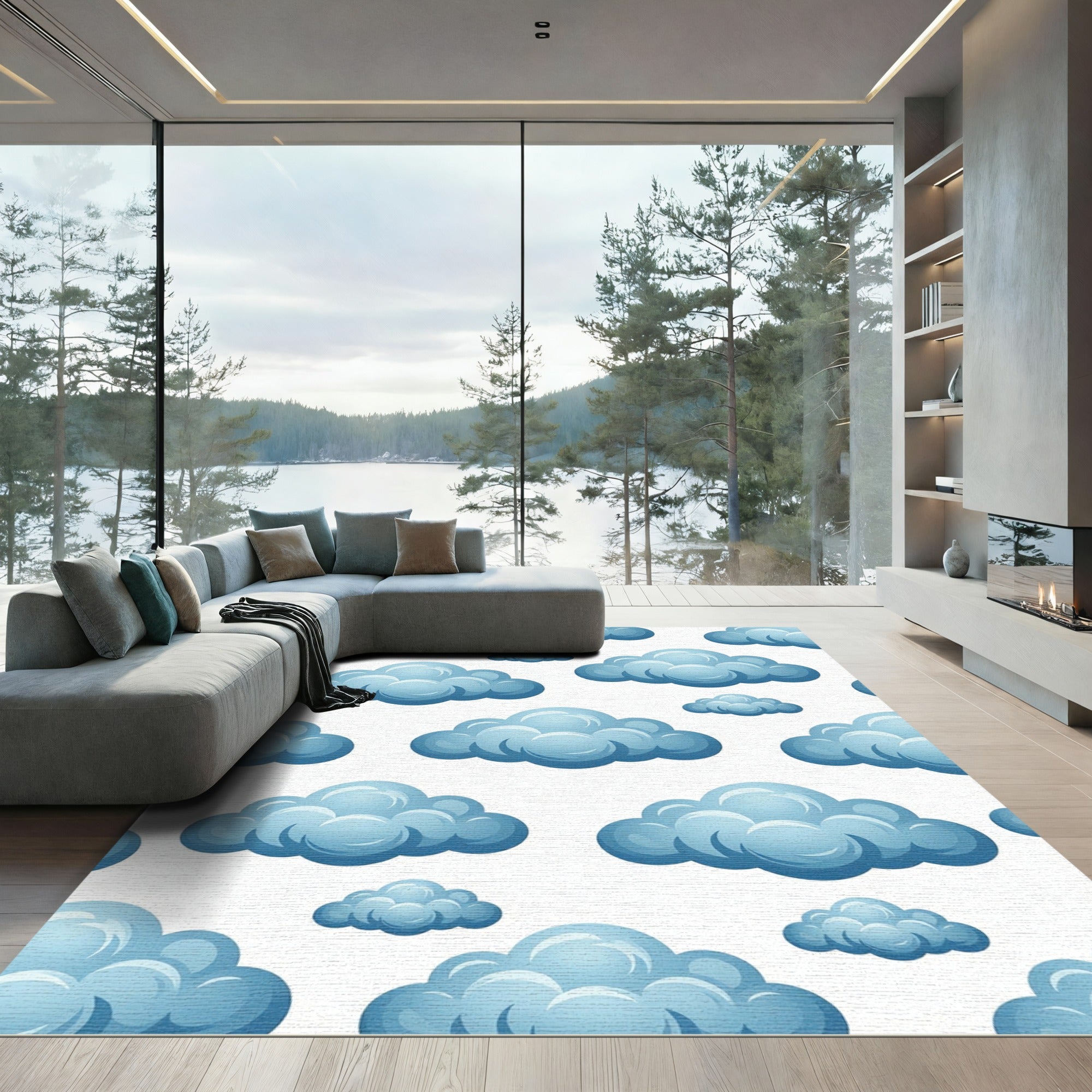 Dreamy Sky Blue Puffy Cloud Landscape Rug