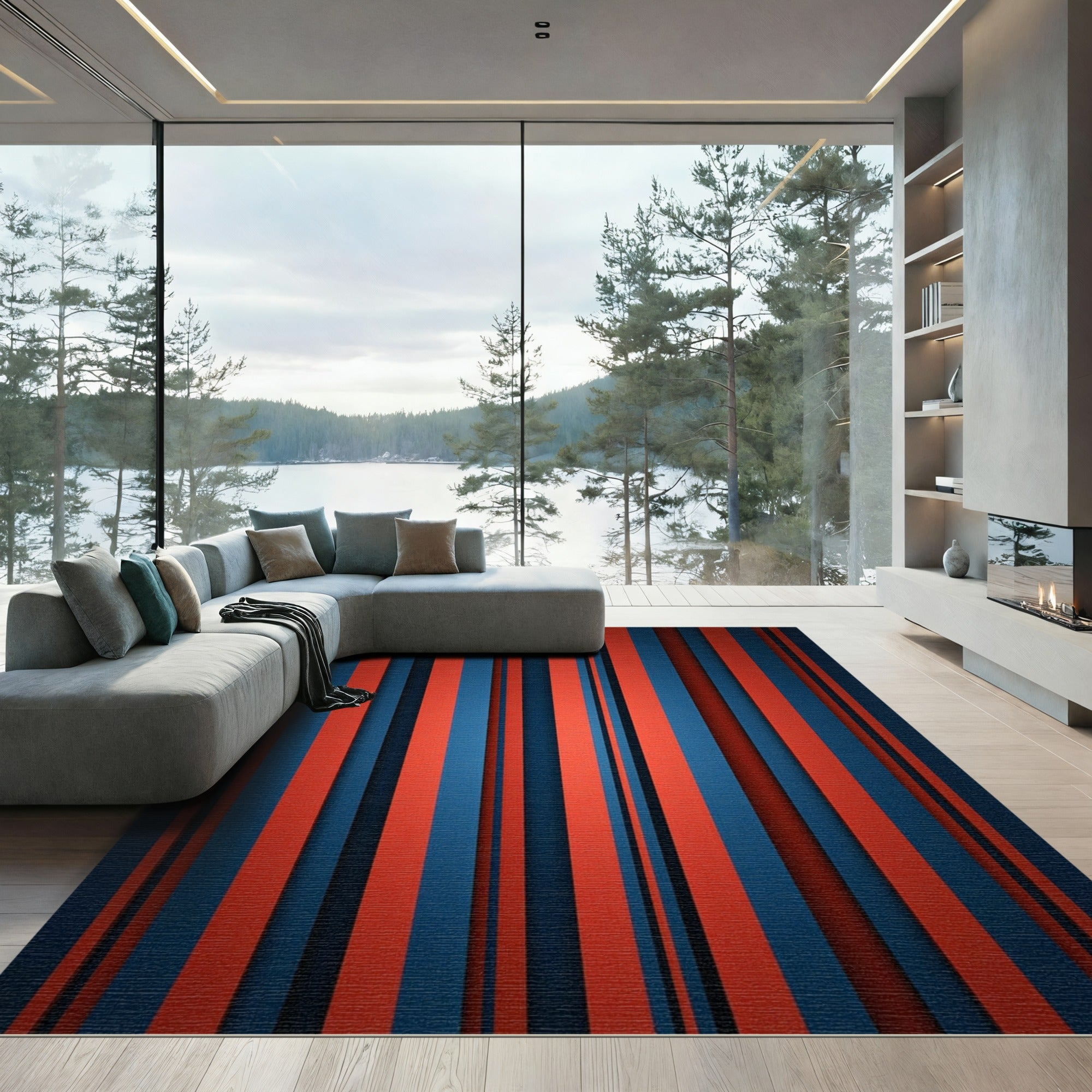 Deep Blue Red Stripe Composition Rug