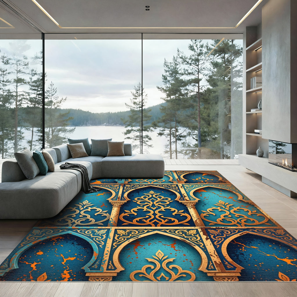 Golden Filigree Arches Blue Rug