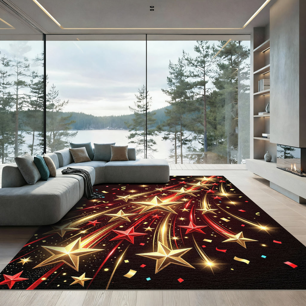 Golden Red Stars Shooting Streaks Rug
