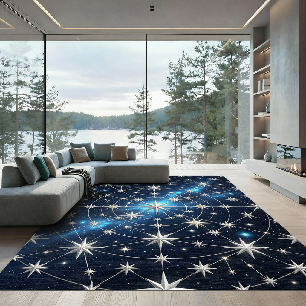 Celestial Silver Starry Midnight Sky Rug