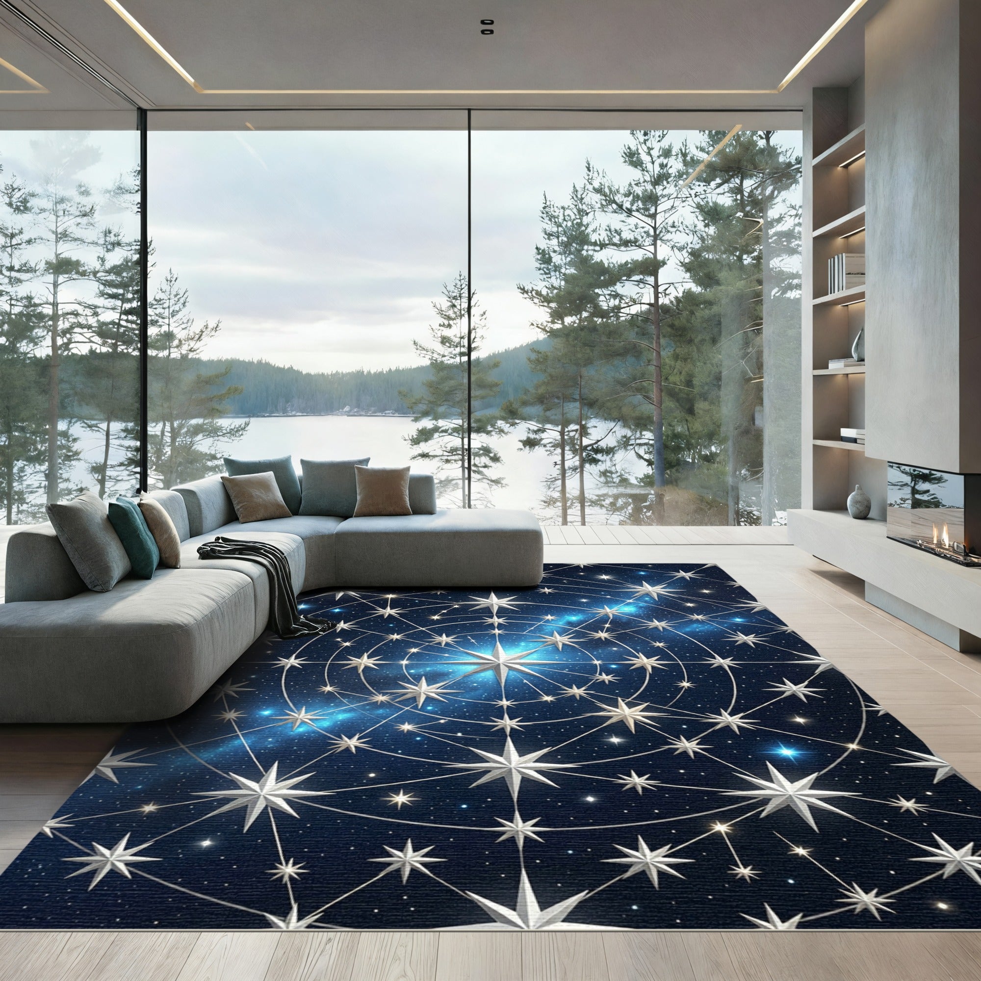 Celestial Silver Starry Midnight Sky Rug
