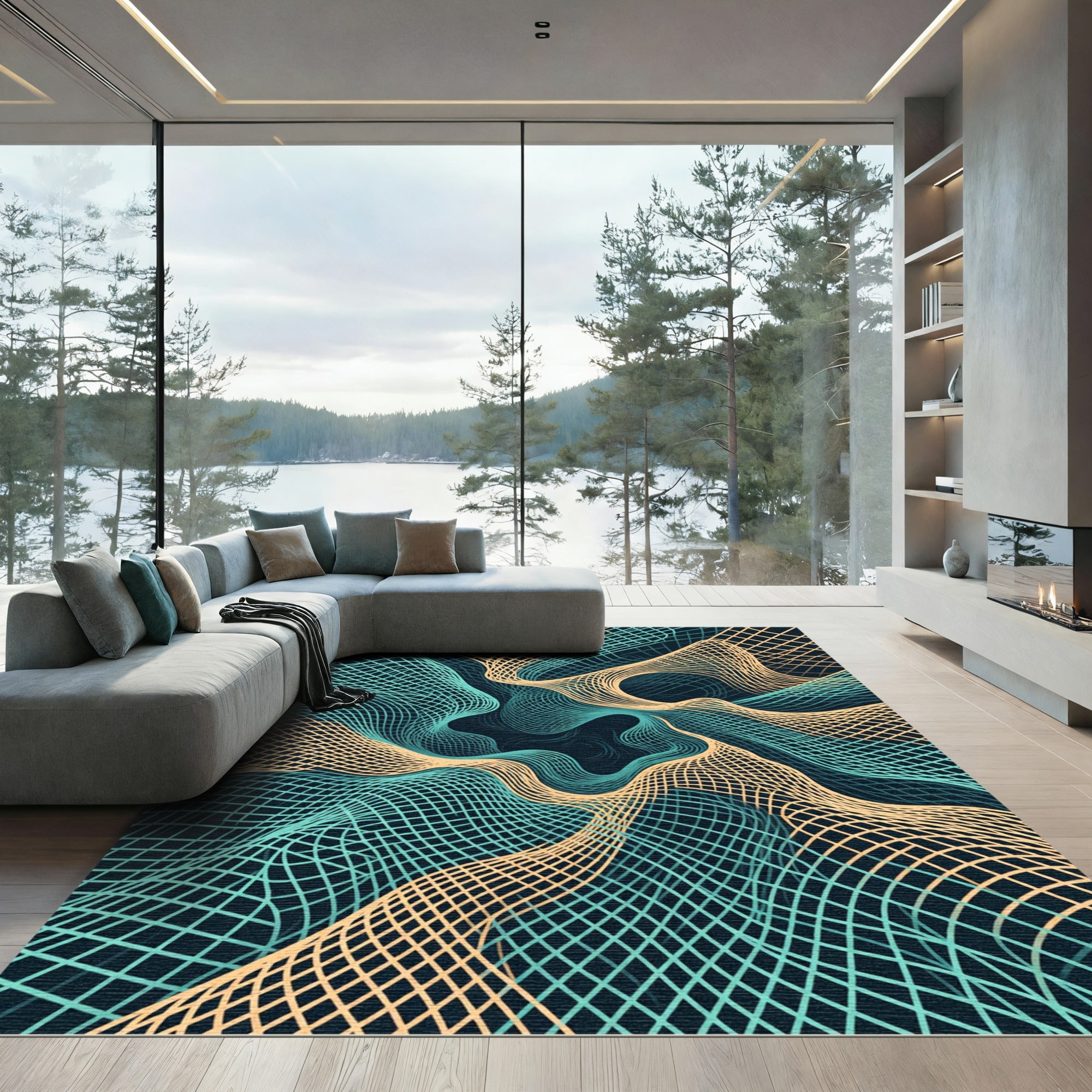 Abstract Teal and Gold Wavy Grid Rug