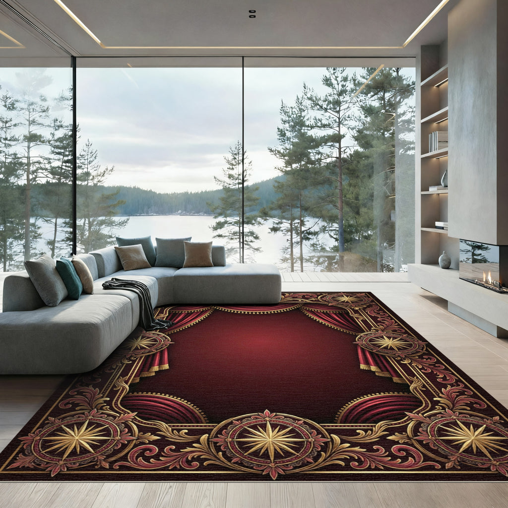 Crimson Gold Compass Acanthus Frame Rug