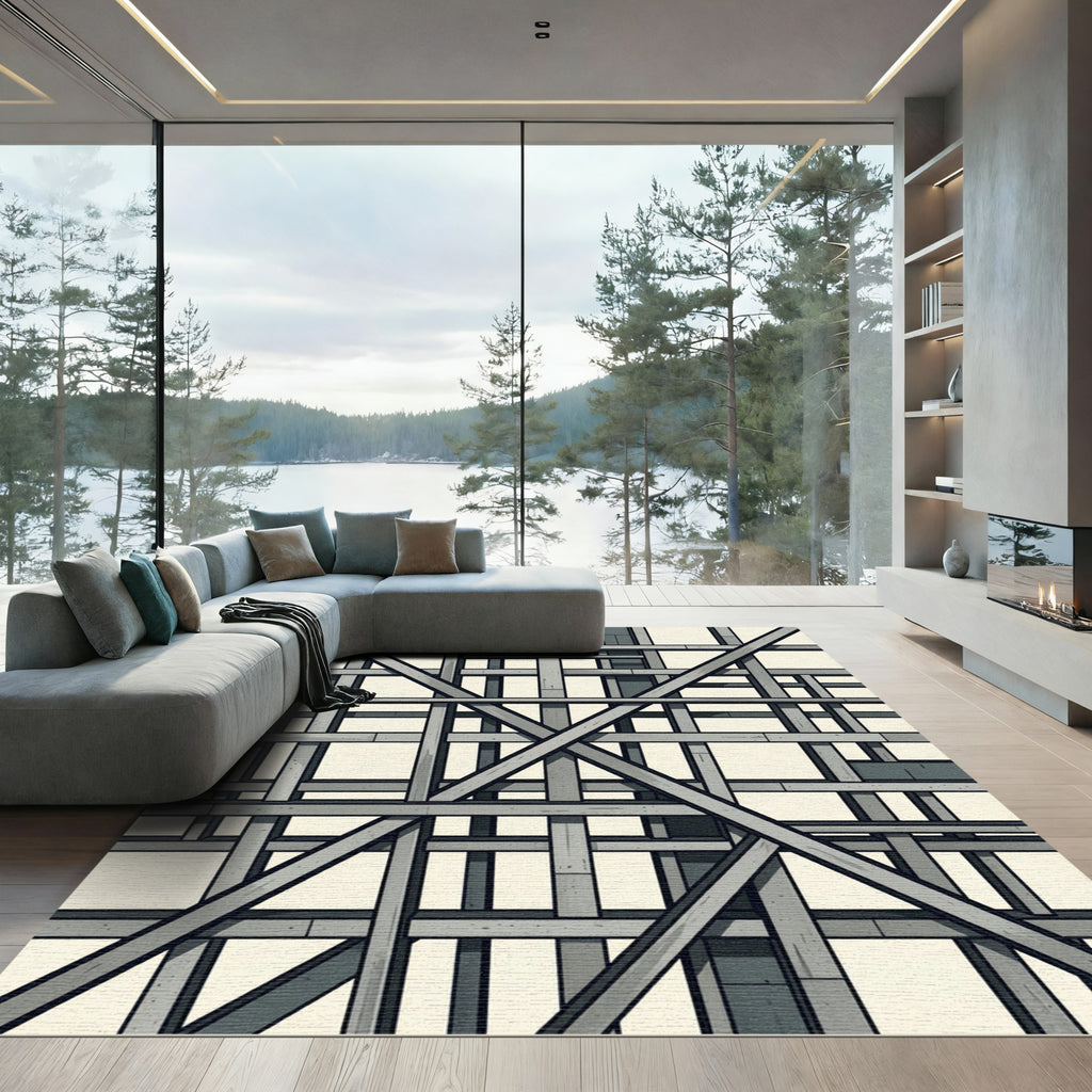 Modern Gray Industrial Grid Composition Rug