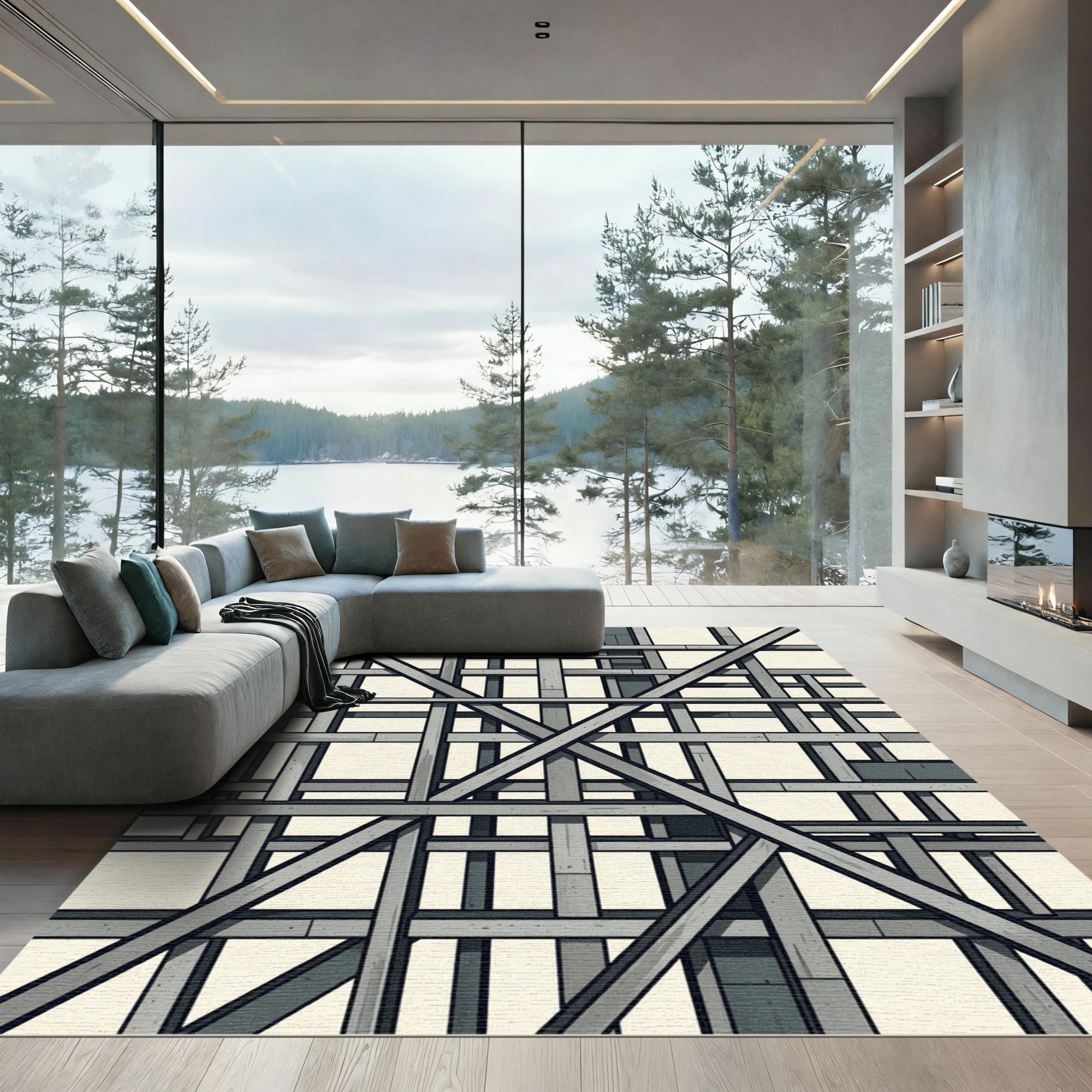 Modern Gray Industrial Grid Composition Rug