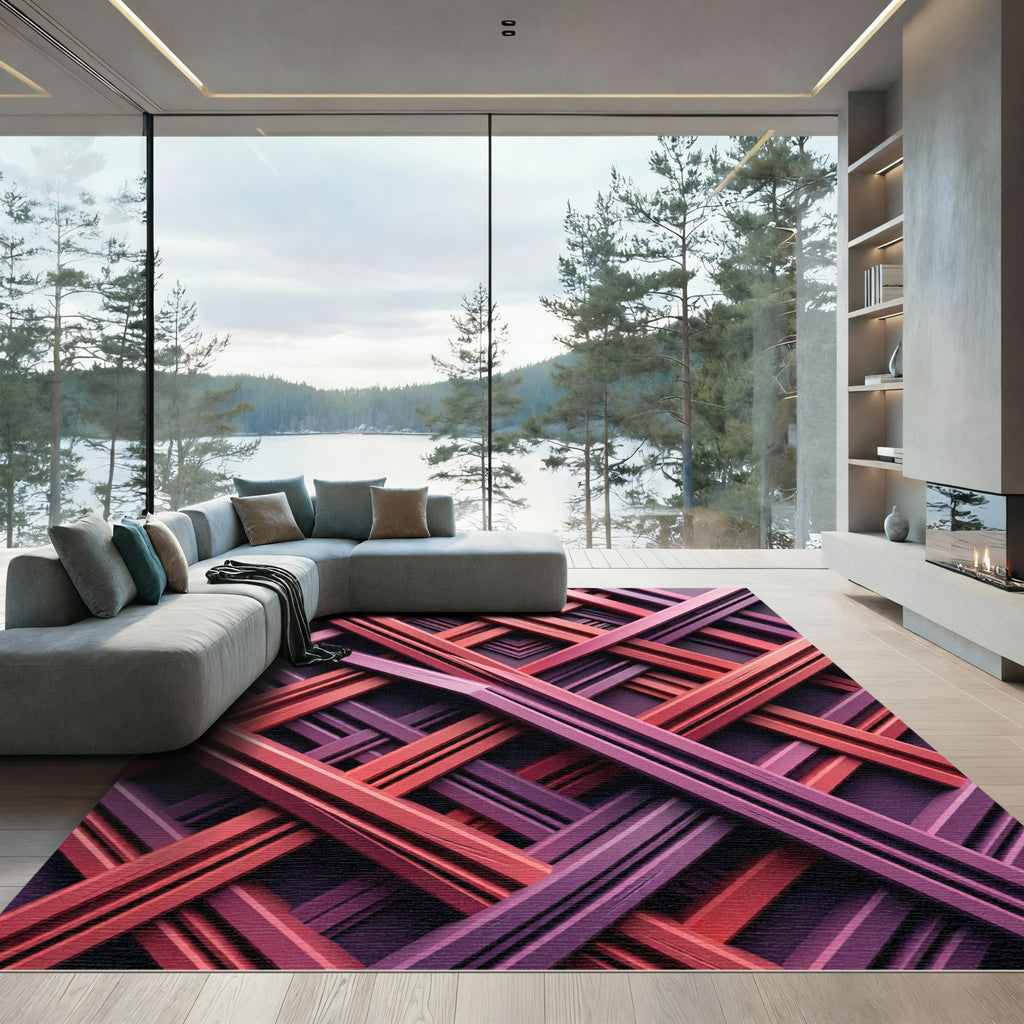 Woven Magenta Coral Intersecting Stripes Rug