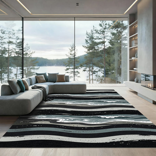 Abstract Monochrome Coastal Waves Rug