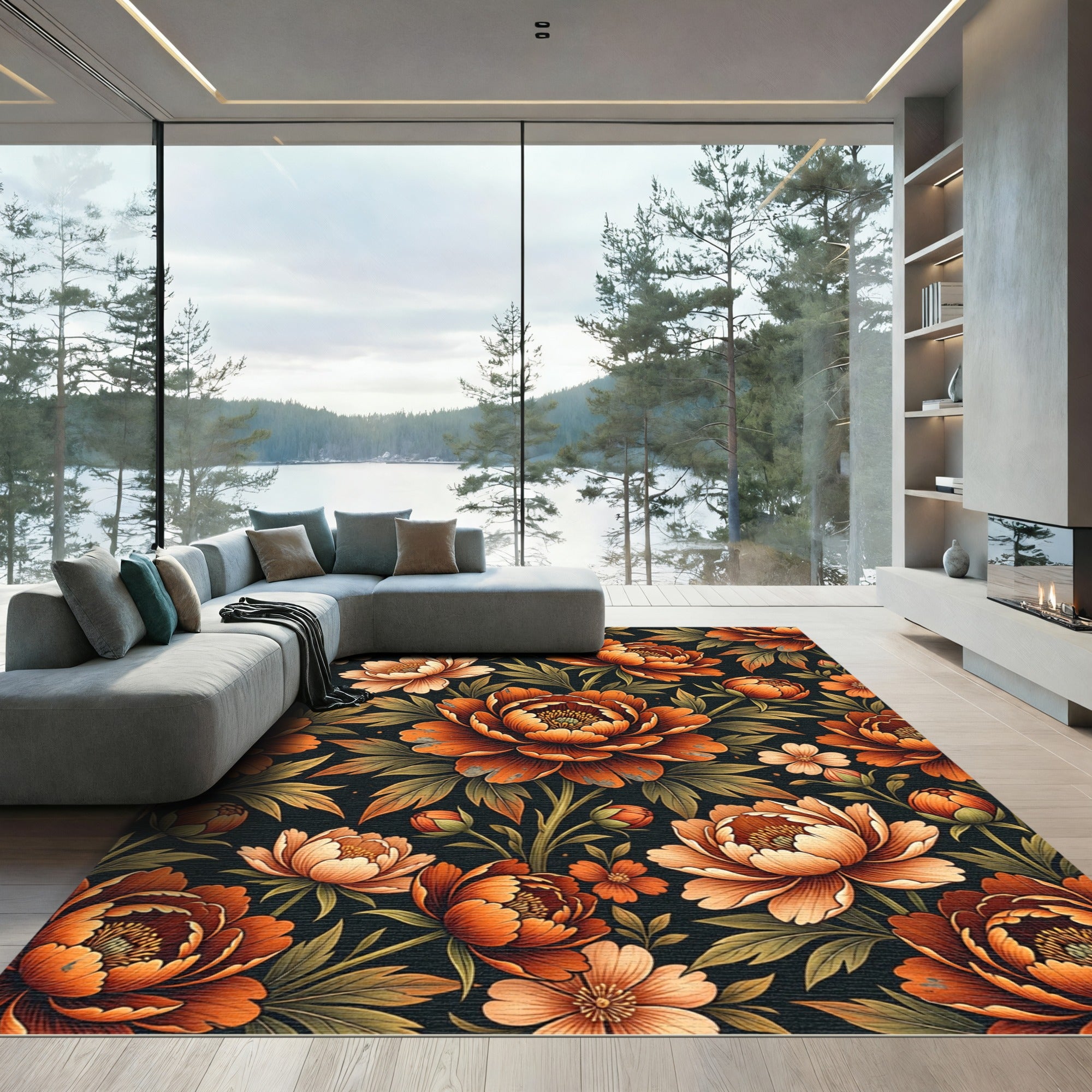 Burnt Orange Peony Botanical Arrangement Rug
