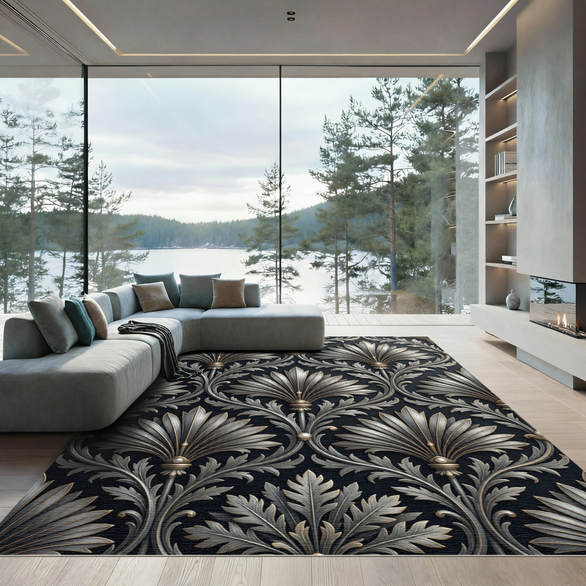 Ornate Silver Fan Leaf Scrollwork Rug