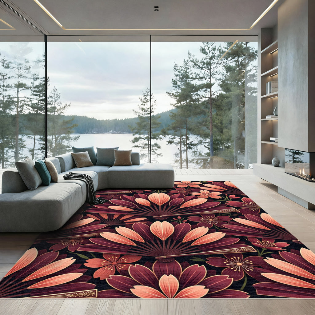 Deep Red Fan Blossom Garden Rug