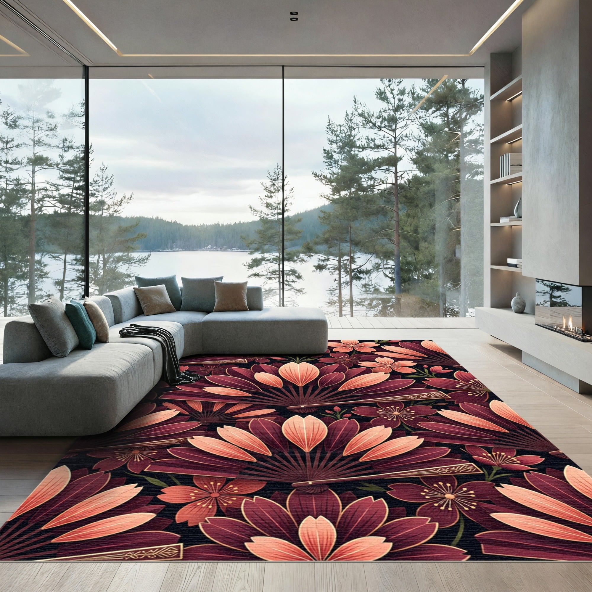 Deep Red Fan Blossom Garden Rug