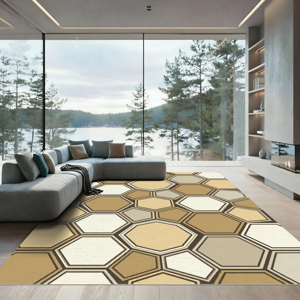 Contemporary Earth Tone Geometric Hexagon Rug