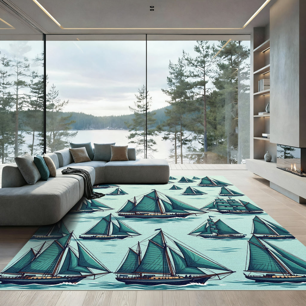 Teal Sailboat Nautical Sea Illustration Rug
