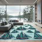 Teal Sailboat Nautical Sea Illustration Rug