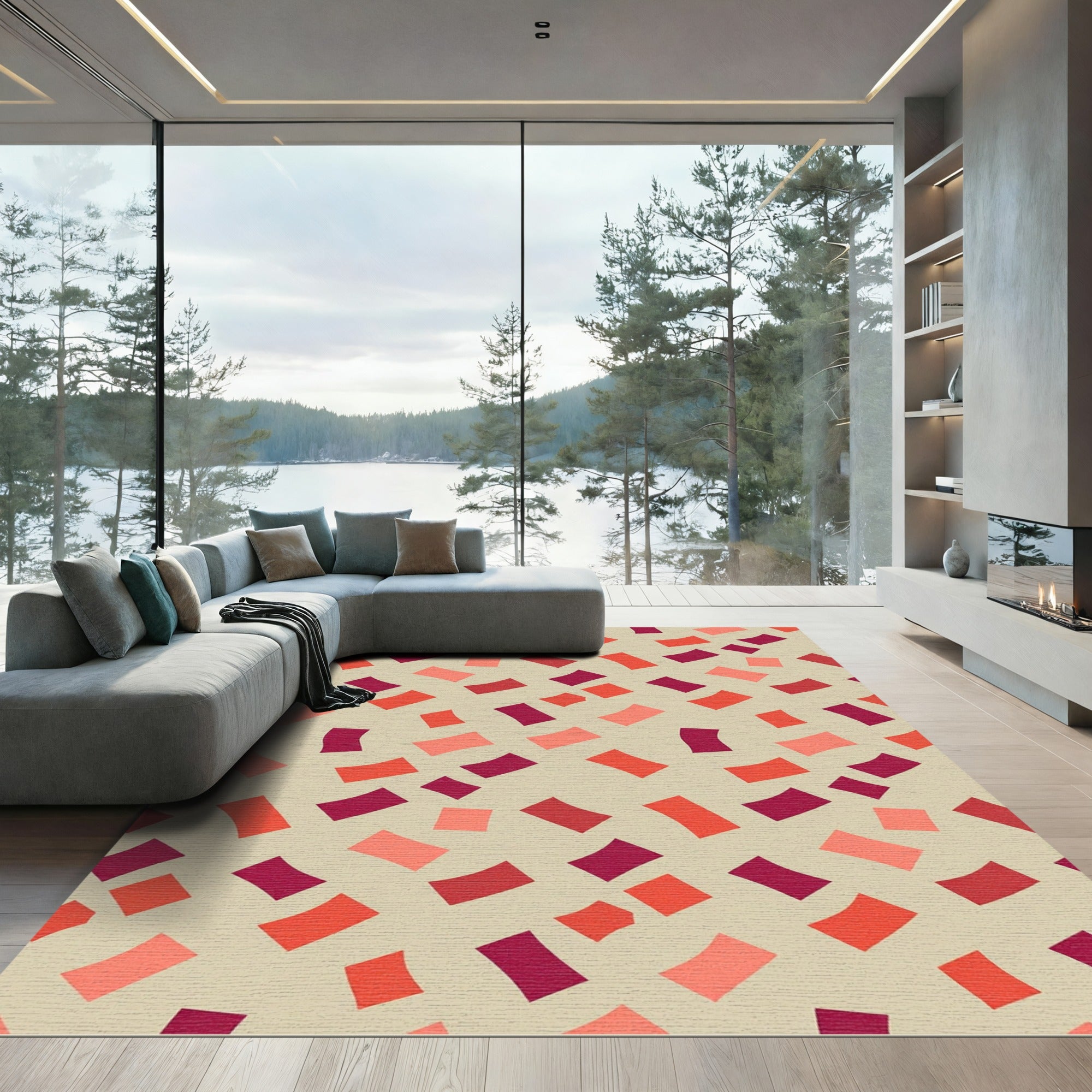 Abstract Painted Confetti Coral Magenta Rug