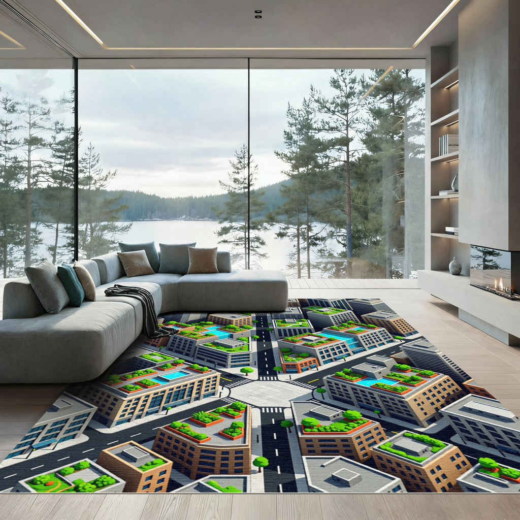 Isometric Urban Aerial Metropolis Grid Rug