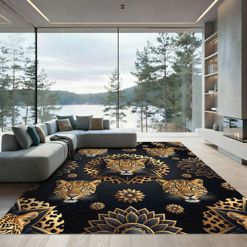 Black Gold Leopard Mandala Medallion Rug