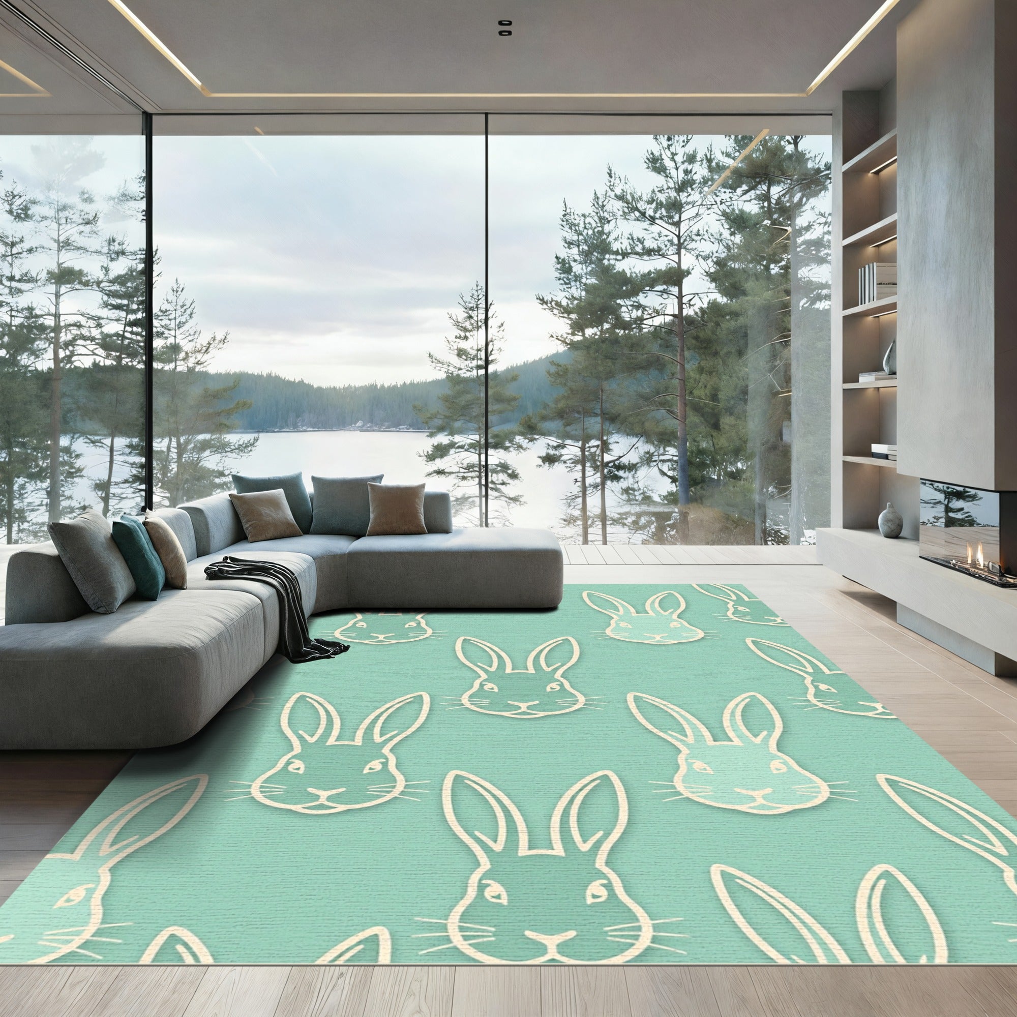 Pastel Mint Minimalist Repeating Rabbit Head Rug